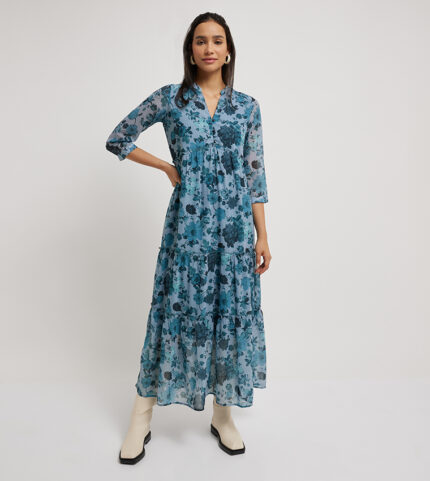 Floral Patterned V-Neck Tiered Dress